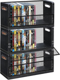 PUTNATRURE DVD CD Storage Rack 3 Pack, Holds 84 DVDs Total, Stackable DVD Tower with Magnetic Opening Door for Easy Access, Black Desktop Organizer for Blu ray, Video Game Cases, VHS Tapes