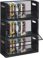 PUTNATRURE DVD CD Storage Rack 3 Pack, Holds 84 DVDs Total, Stackable DVD Tower with Magnetic Opening Door for Easy Access, Black Desktop Organizer for Blu ray, Video Game Cases, VHS Tapes