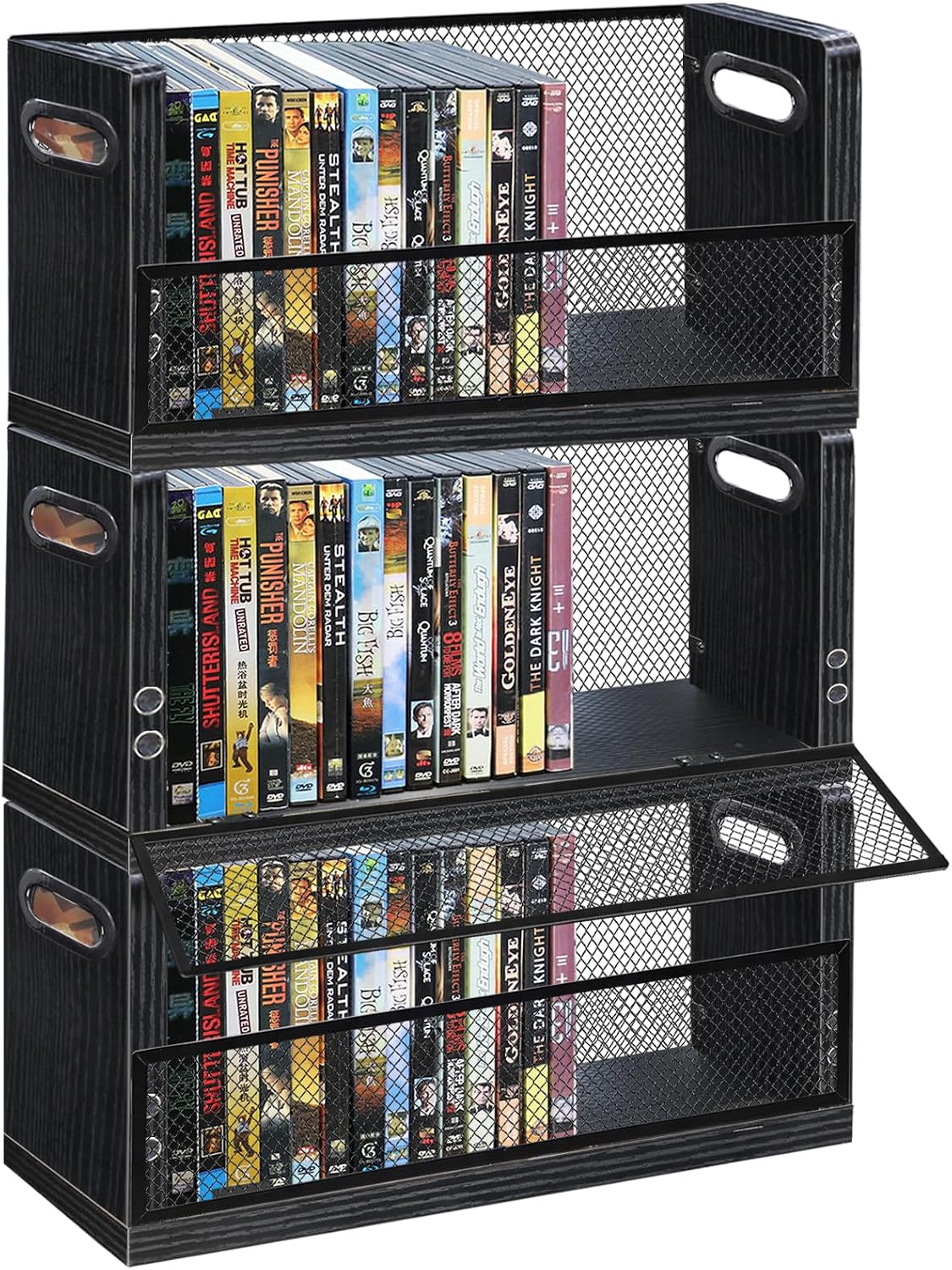 PUTNATRURE DVD CD Storage Rack 3 Pack, Holds 84 DVDs Total, Stackable DVD Tower with Magnetic Opening Door for Easy Access, Black Desktop Organizer for Blu ray, Video Game Cases, VHS Tapes