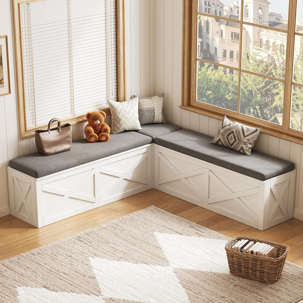 L-Shape Storage Bench with Cushion, Farmhouse Corner Dining Bench, Kitchen Br...