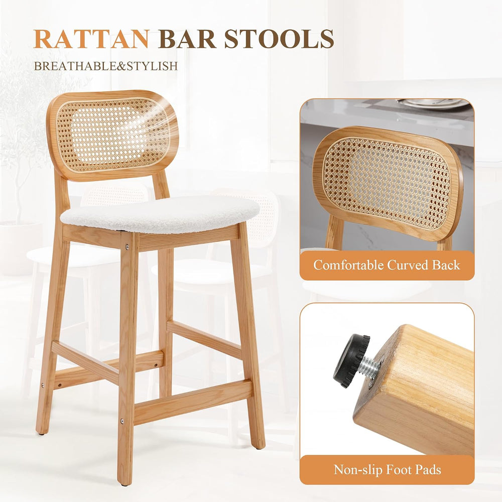 Shunzhi Rattan Bar Stools Set of 3, Upholstered Farmhouse Barstools with Wove...