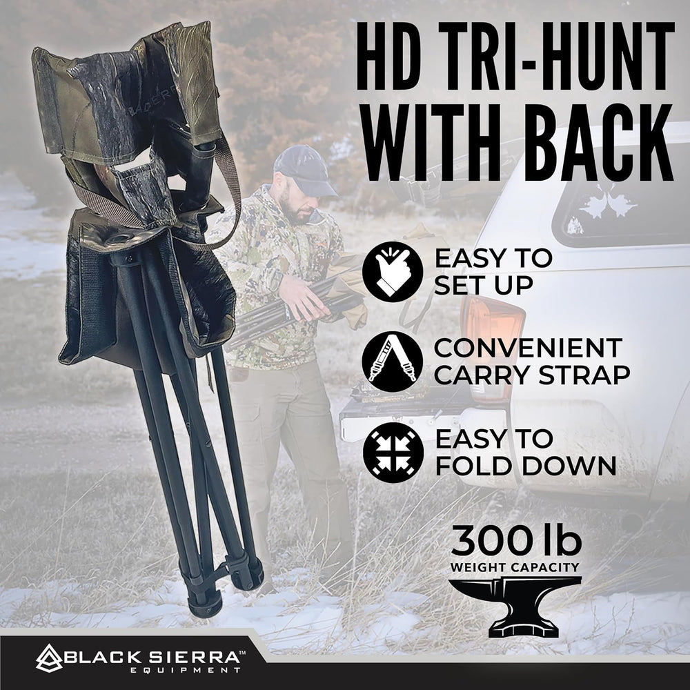 Black Sierra HD Tri-Hunt with Back Hunting Stool, Foldable Tripod Seat w/Stee...