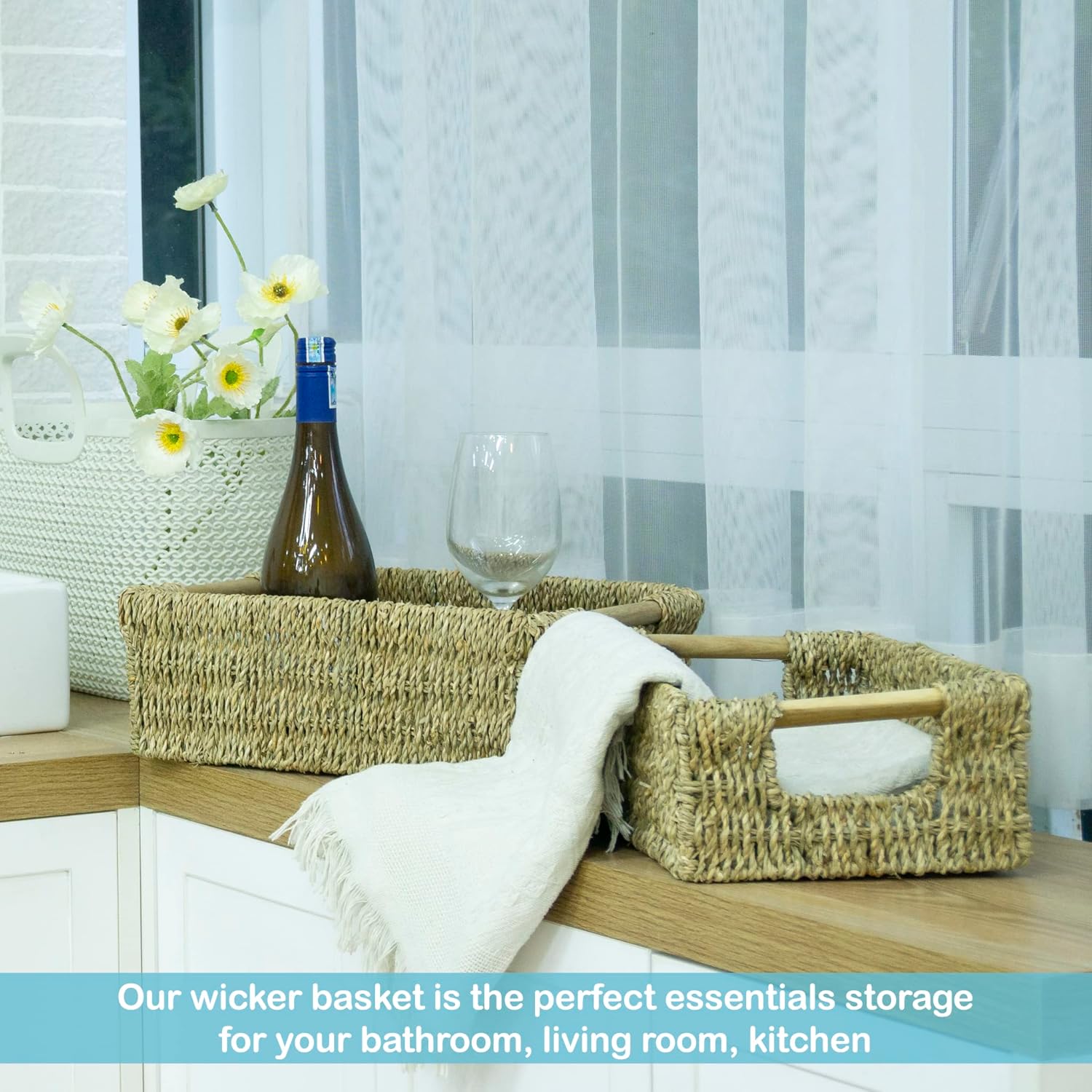 VATIMA Seagrass Baskets with Wooden Handles, Set of 3 Decorative Natural Wicker Baskets for Kitchen