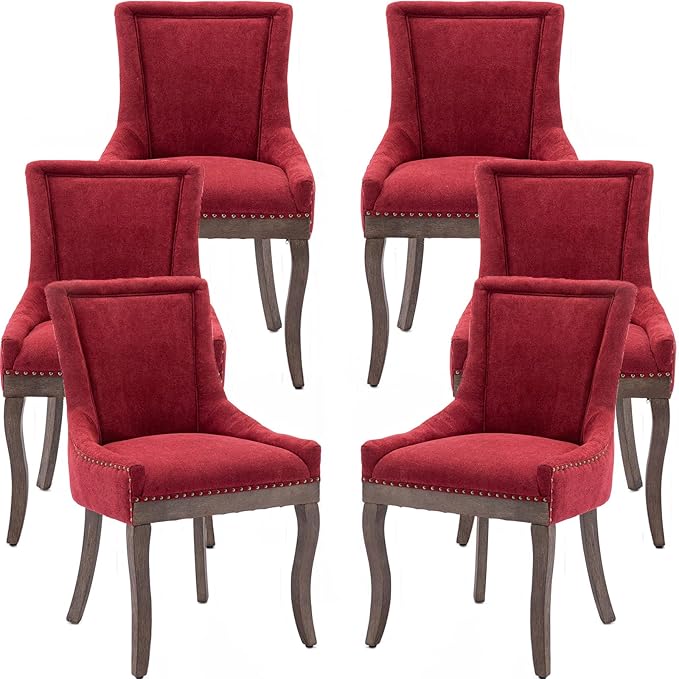 Burgundy Dining Chairs Set of 6, Kitchen & Dining Room Chairs, Fabric Upholstered Dinning Chairs, Sillas De Comedor, Nailhead Trim, Wood Legs (Red, 6 Pcs)