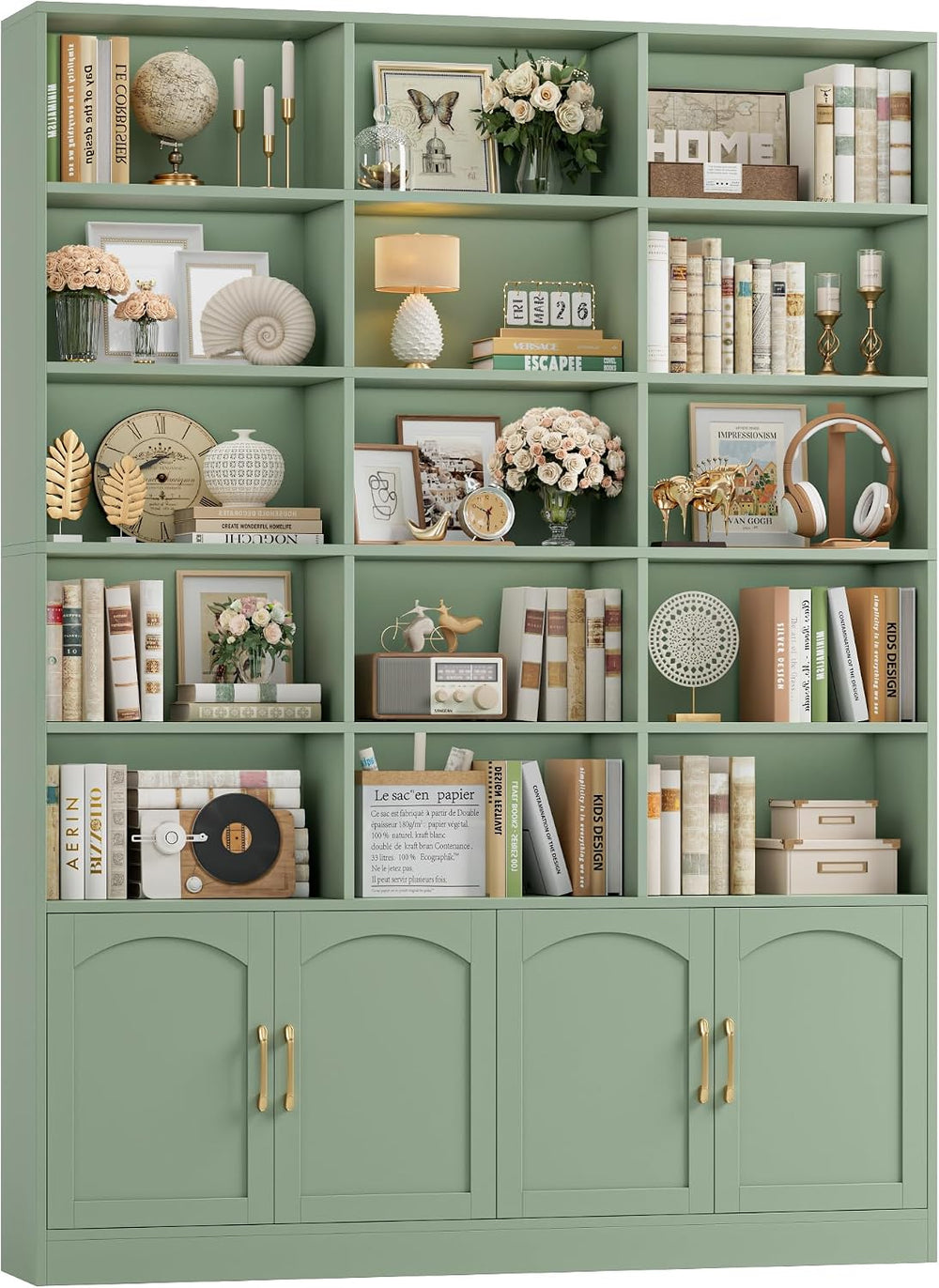 FACBOTALL 82.3" Triple Wide Bookshelf, Tall Bookcase with 4 Doors, Green