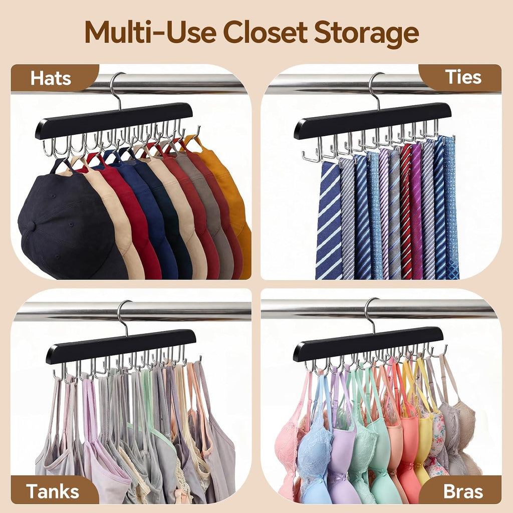2 Pack Tie Rack and Belt Hanger 40 Hooks 360 Swivel Foldable Wooden Closet Rod Organizer Space Saving for Ties Belts Hats Bras Tank Tops Black