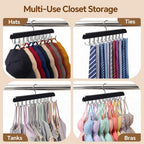 2 Pack Tie Rack and Belt Hanger 40 Hooks 360 Swivel Foldable Wooden Closet Rod Organizer Space Saving for Ties Belts Hats Bras Tank Tops Black