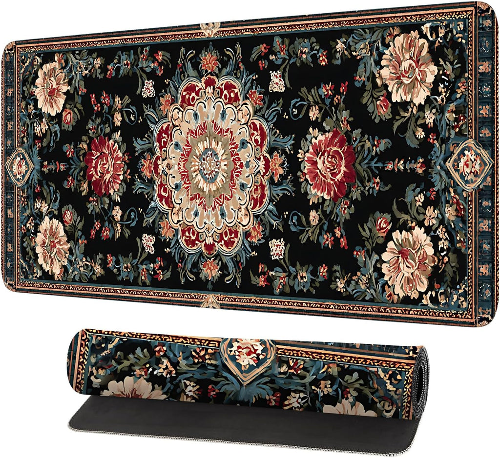 Vintage Persian Carpet Mouse Pad – Large Extended Desk Mat 31.5 x 11.8 in – Oriental Floral Rug Design, Non-Slip Rubber Base, Stitched Edges, Soft Keyboard & Mouse Mat for Office or Gaming