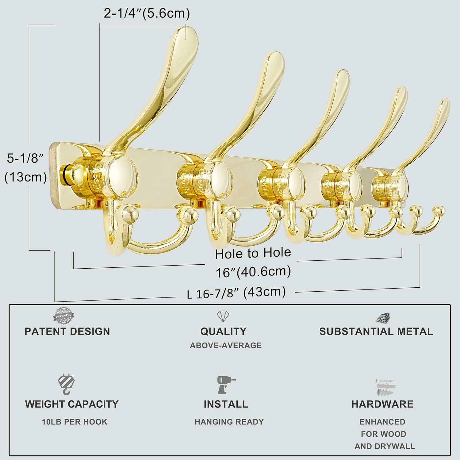 Dseap Coat Rack Wall Mount 2.0 Pro: Heavy Duty 300% Thicker, 16" Stud Mount, Stainless Steel Wall Coat Hooks Hanger for Clothes Jackets Hats Entryway Closet, MaxStrong Series, Gold, Pack of 2
