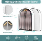 32” Garment Bags for Hanging Clothes 4” Gusseted - with Clear Window, Breathable Fabric, Metal Zipper, Suit Coat Fur Protector for Closet storage, clothes Season Off, Moving, 5 Pack