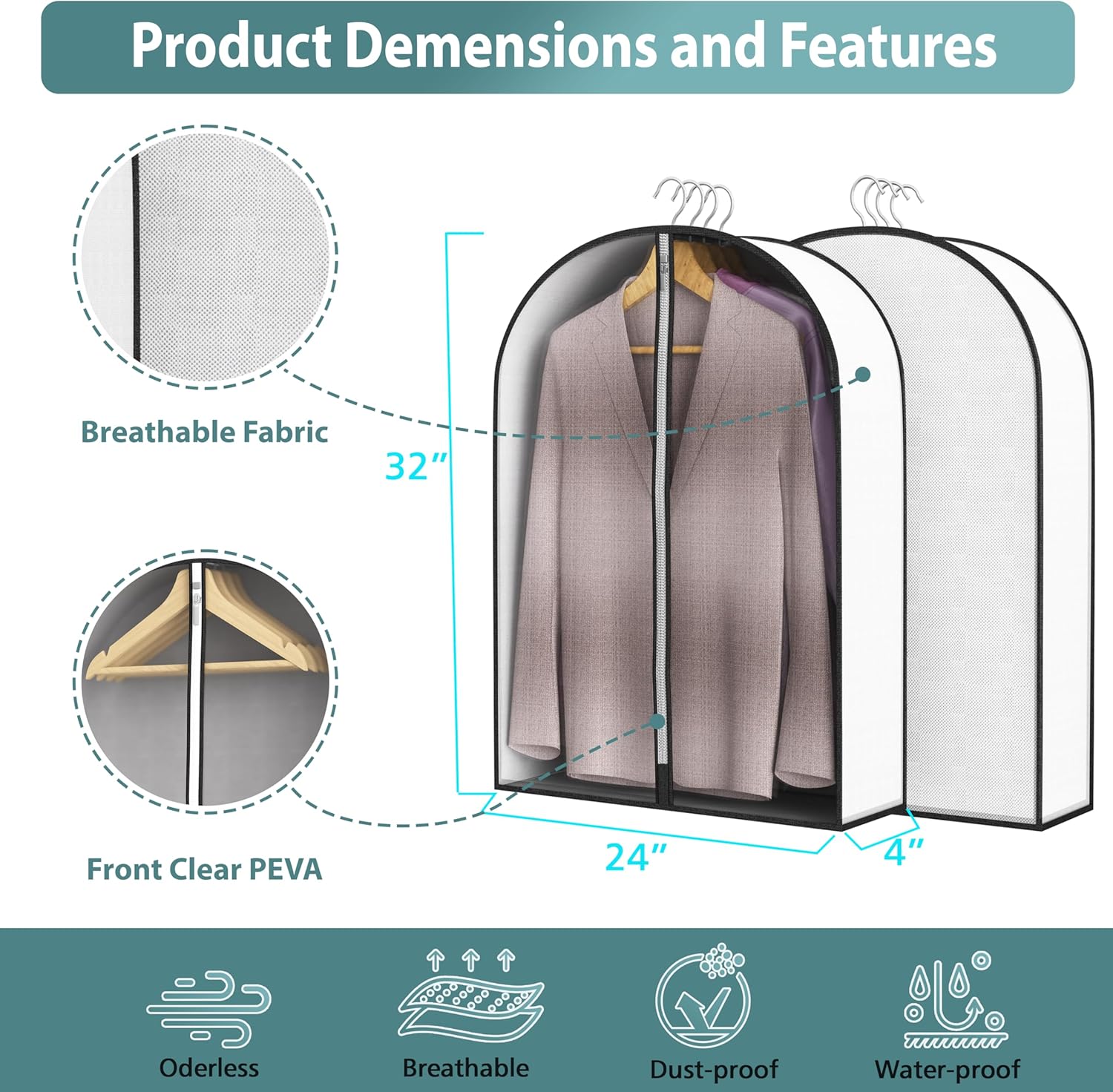 32” Garment Bags for Hanging Clothes 4” Gusseted - with Clear Window, Breathable Fabric, Metal Zipper, Suit Coat Fur Protector for Closet storage, clothes Season Off, Moving, 5 Pack