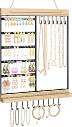Feyejade Hanging Jewelry Organizer, 5-Tier Wall Earring Holder with Wooden Ring Groove, Jewelry Rack Wall Mounted for Earrings, Necklaces, Bracelets and Rings, Jewelry Holder Stand, Black