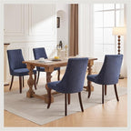 Blue Linen Dining Chairs Set of 4，Fabric Channel Tufted Kitchen Chairs, Upholstered Accent Chairs with Curved Solid Wood Legs, Comfortable Dining Chair for Dining Room, (Blue, 4pc)
