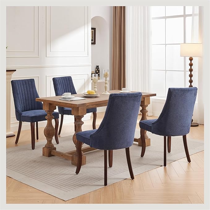 Blue Linen Dining Chairs Set of 4，Fabric Channel Tufted Kitchen Chairs, Upholstered Accent Chairs with Curved Solid Wood Legs, Comfortable Dining Chair for Dining Room, (Blue, 4pc)