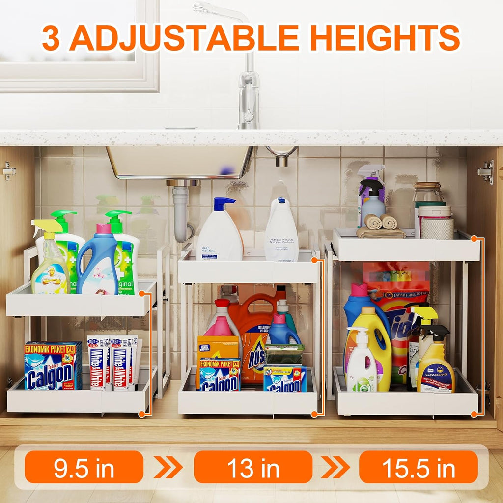 Golener 2-Tier Expandable Pull Out Cabinet Organizer - Slide Out Drawers for Kitchen Cabinets, Bathroom Organizers and Storage, Under Sink Organizer for Kitchen Storage Organization, White Metal Frame