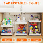 Golener 2-Tier Expandable Pull Out Cabinet Organizer - Slide Out Drawers for Kitchen Cabinets, Bathroom Organizers and Storage, Under Sink Organizer for Kitchen Storage Organization, White Metal Frame