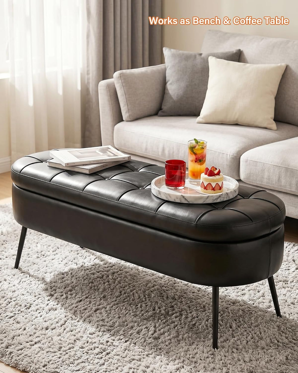 Storage Ottoman Bench, 43.7" PU Leather End of Bed Bench Black | Bench w...