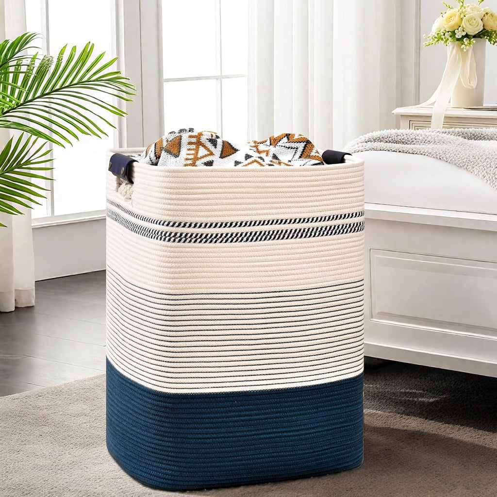 Laundry Hamper, 85L Tall Laundry Basket with Leather Handles, Rectangle Large Clothes Hamper for Organizing, Cotton Woven Laundry Baskets Storage Hampers for Bedroom, Nursery, Living Room