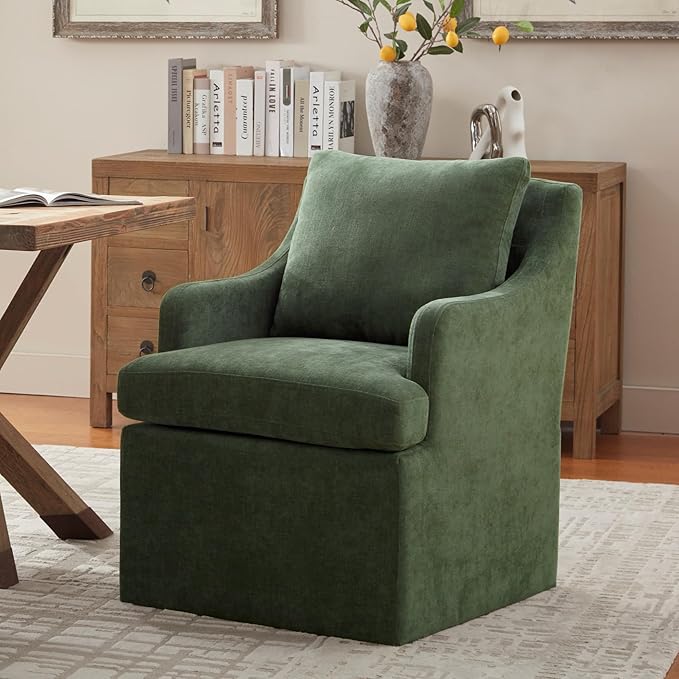 VKNOW Upholstered Dining Chairs Set of 2, Modern Kitchen Chairs Dining Room Chairs with 4 Casters, Chenille Armchair for Bedroom Reading Room Living Room, Green