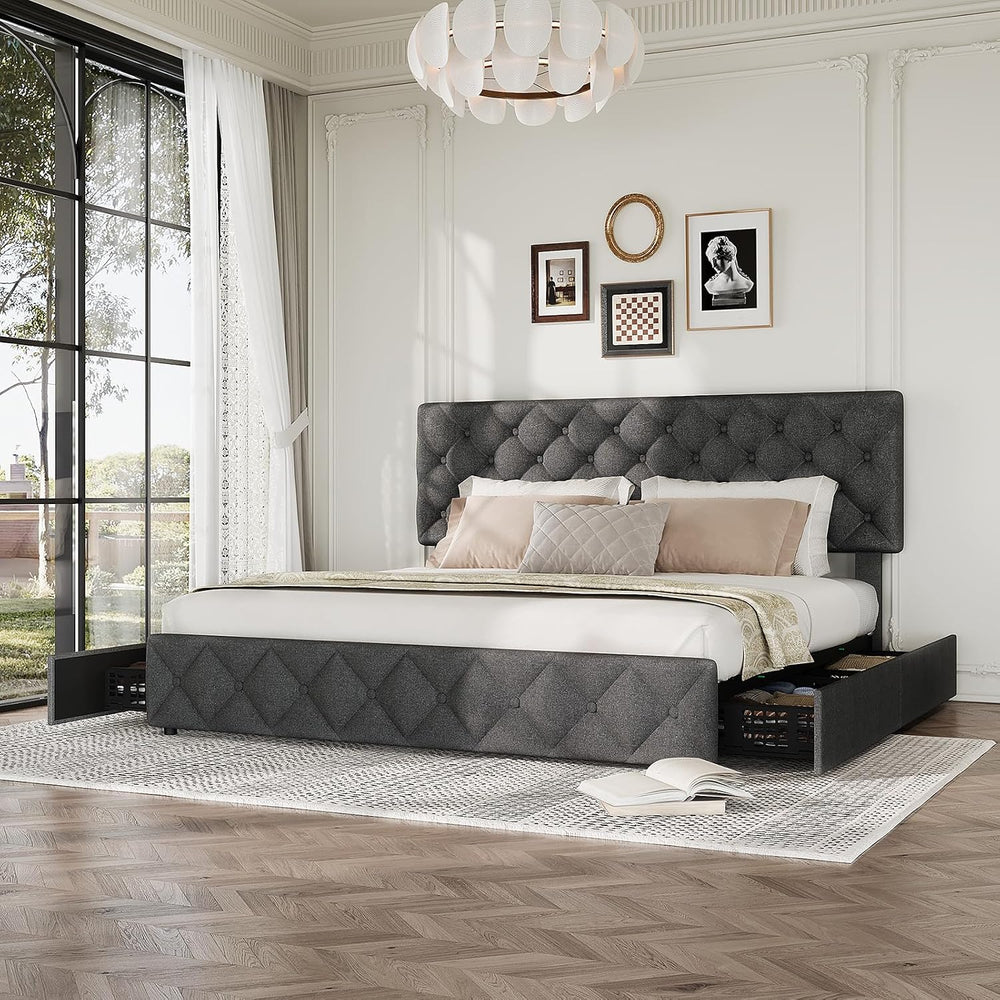 Queen Size Bed Frame with Adjustable Headboard & 4 Storage Drawers - Diam...