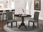 East West Furniture DLEN3-BLK-20 3 Piece Modern Dining Table Set Contains a Round Wooden Table with Dropleaf and 2 Dark Gotham Linen Fabric Upholstered Chairs, 42x42 Inch, Black