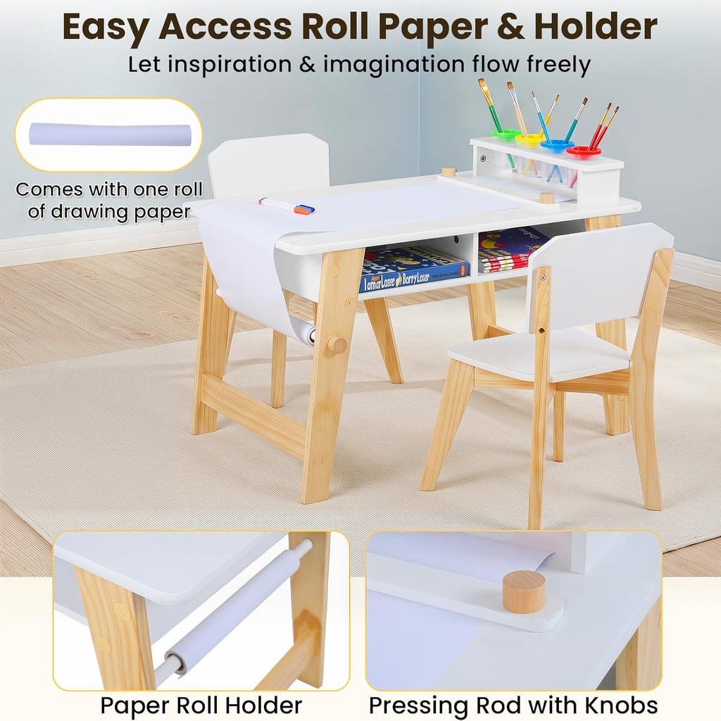 Olakids Kids Art Table and Chair Set, Wooden Multi Activity Desk with Roll Paper 2 Storage Shelves 4 Paint Cups, Toddler Furniture for Crafts Arts Playing Drawing