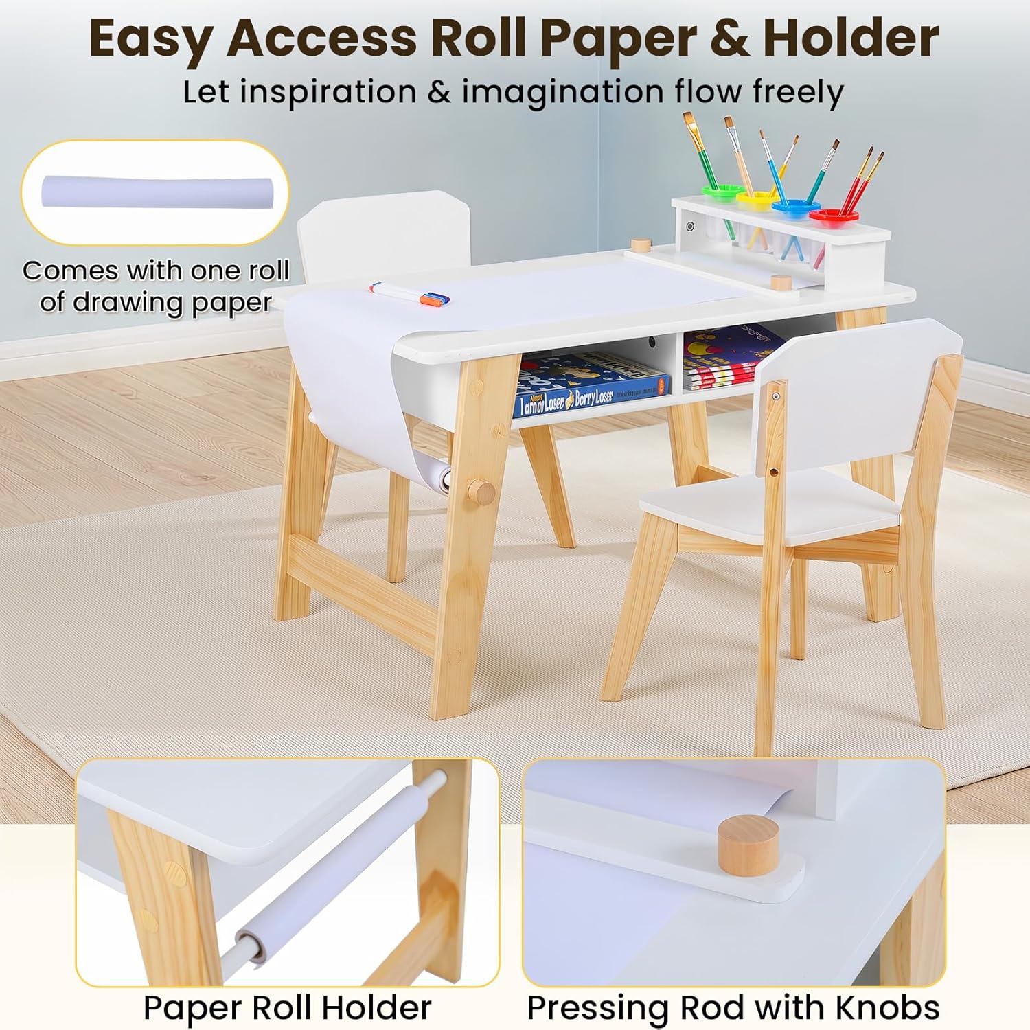 Olakids Kids Art Table and Chair Set, Wooden Multi Activity Desk with Roll Paper 2 Storage Shelves 4 Paint Cups, Toddler Furniture for Crafts Arts Playing Drawing
