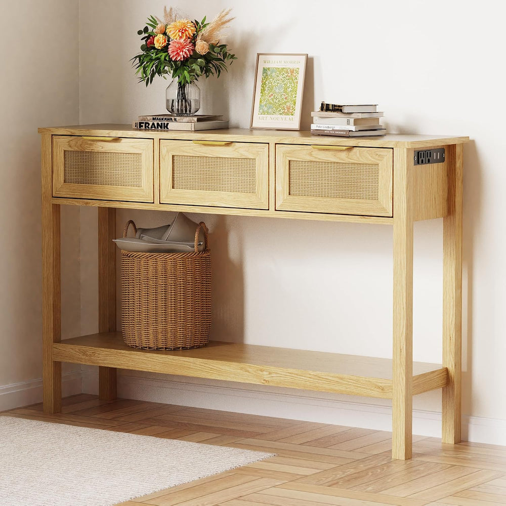 Entryway Table, Rattan Console Table with 3 Storage Drawers and Storage Shelf...
