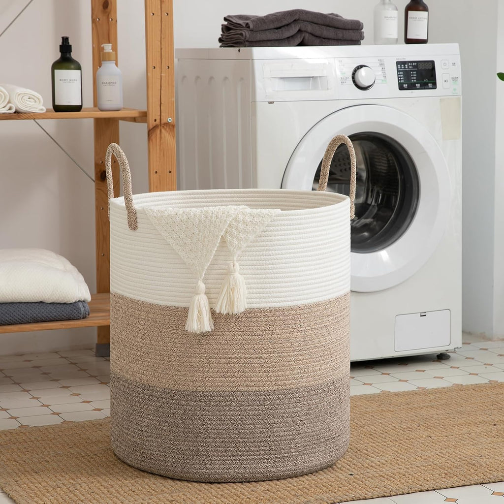 OIAHOMY 100L Laundry Hamper, Dirty Clothes Hamper for Bedroom, Collapsible Laundry Basket, Large Blanket Basket,Nursery Hamper with Handle, Blanket Storage for Living Room-18.5x21inches-Gradient Brown