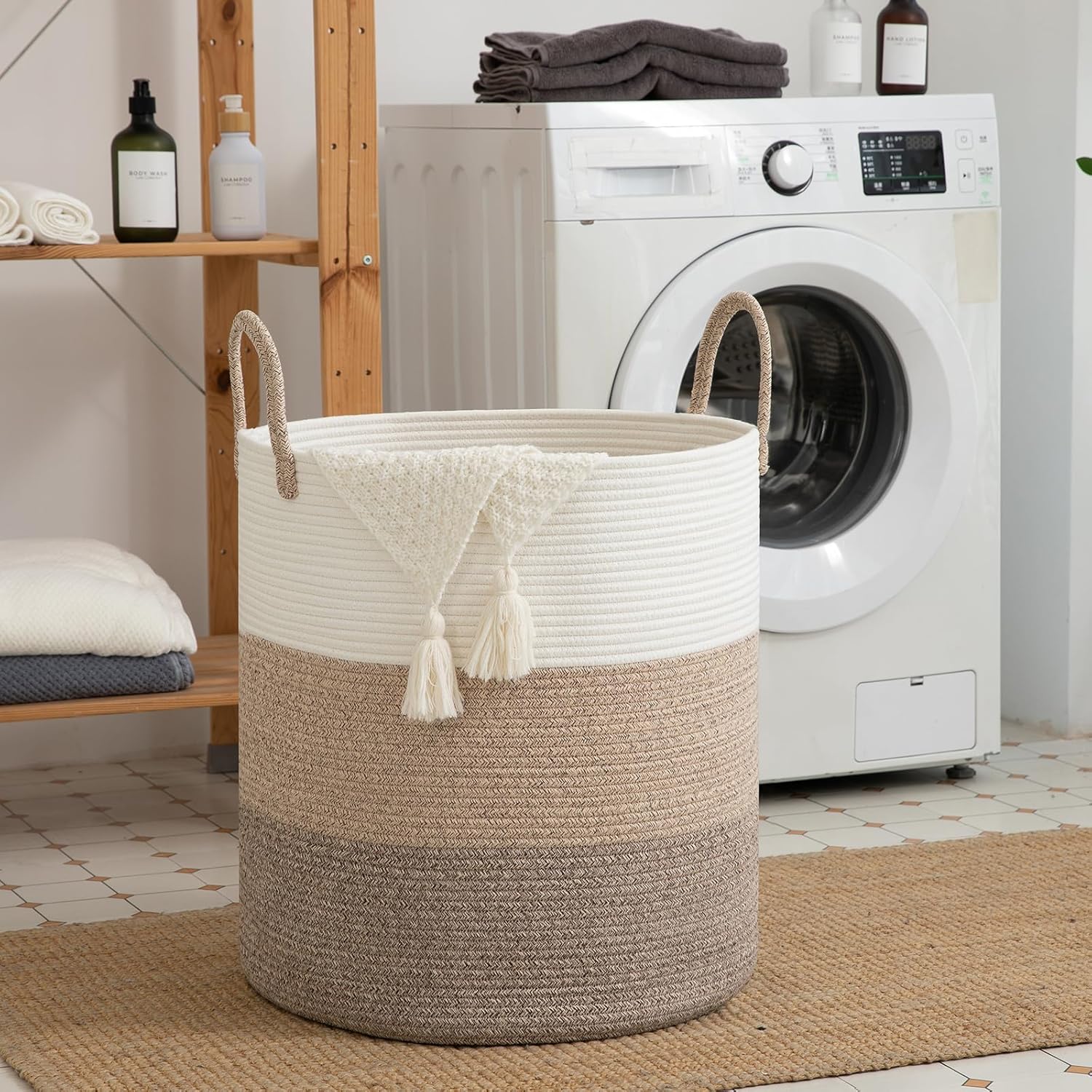 OIAHOMY 100L Laundry Hamper, Dirty Clothes Hamper for Bedroom, Collapsible Laundry Basket, Large Blanket Basket,Nursery Hamper with Handle, Blanket Storage for Living Room-18.5x21inches-Gradient Brown
