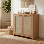 OAKHAM Home Rattan Sideboard Cabinet with Storage, Natural Oak, Set of 3 | Buffet Cabinet with 2 Soft-Close Doors, Adjustable Shelves and 110 lbs Top, For Living Room, Kitchen, Entryway