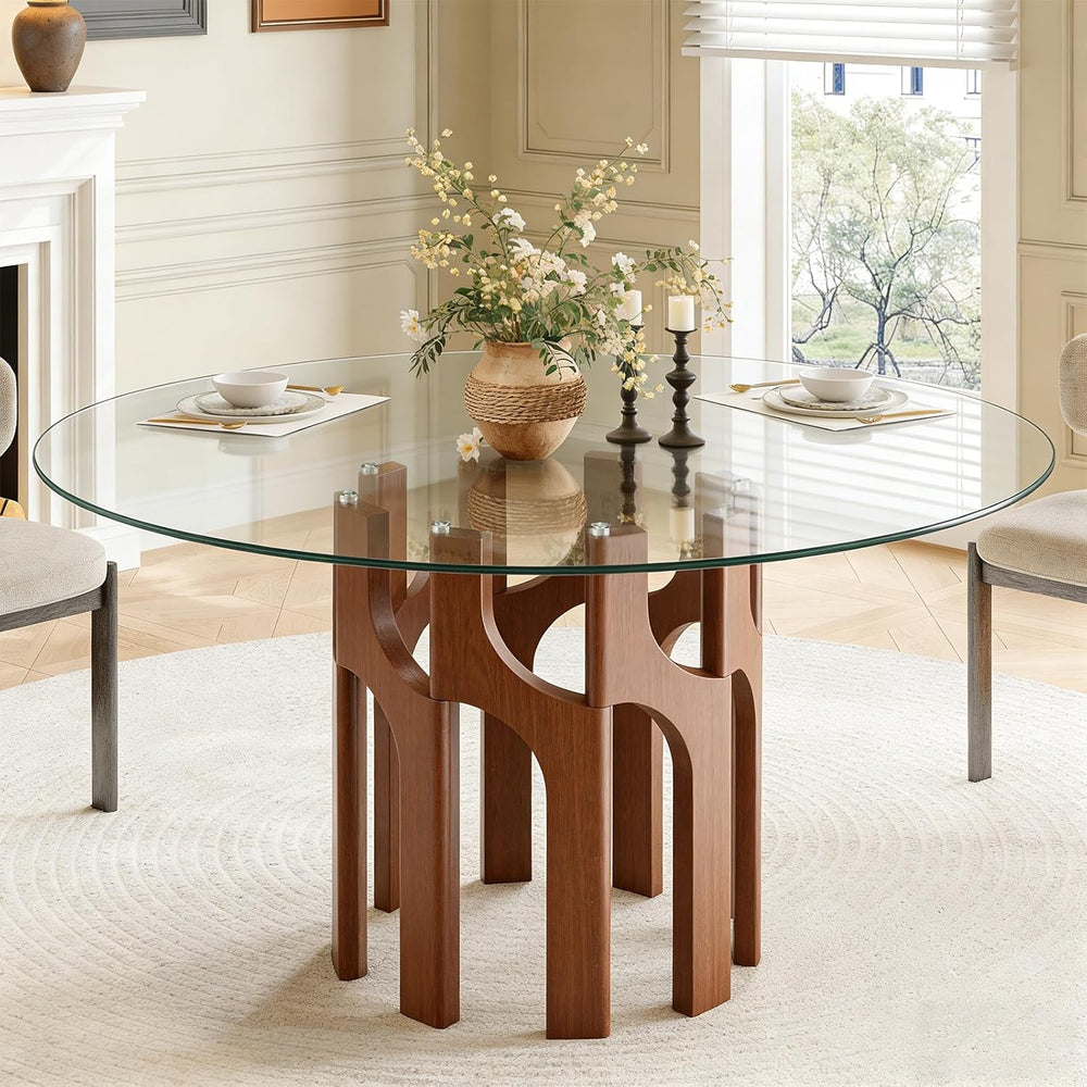 Round Glass Dining Table for 4-6, Modern 46-Inch Kitchen Table with Sturdy Pe...
