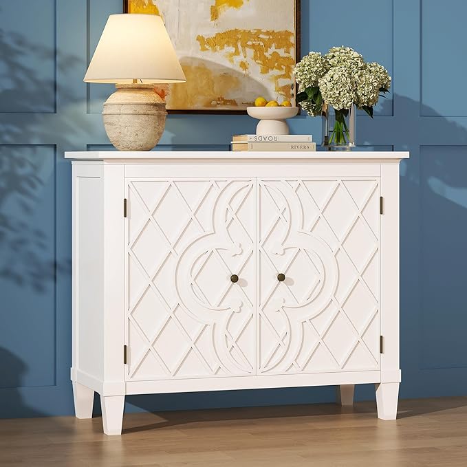 Karlott 40" Entryway Cabinet, Coffee Bar Cabinet with Shelf, Craft Storage Cabinet with Doors, Charming Carved Motif, Pantry Cabinet Sideboard Buffet for Living Room Kitchen Dining Room Hallway, White