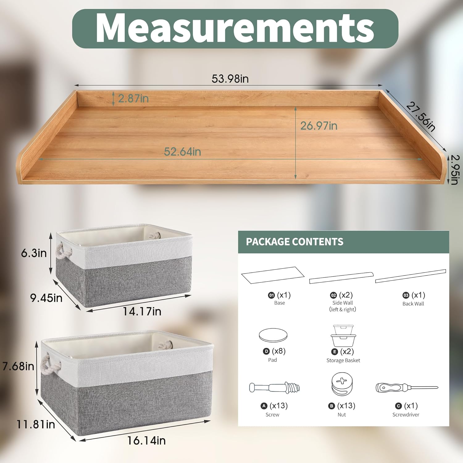Washer Dryer Countertop with 2 Pack Storage Baskets, Wood Washer and Dryer Countertop with Non-Slip Pads/Edge Rails for Laundry Room Storage and Organization, 27.5" W x 54" L(Dark Woodcolor)
