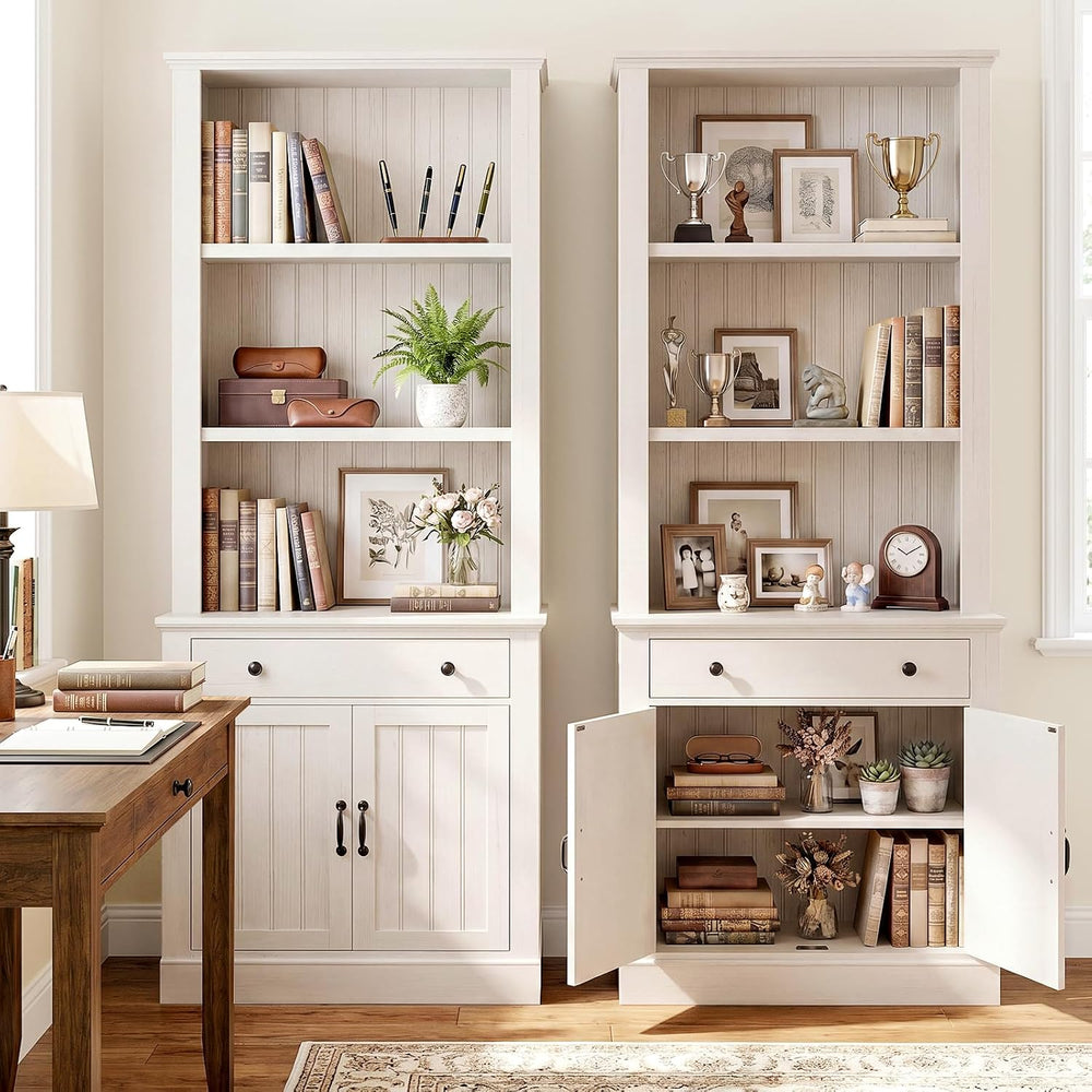 80" Tall Bookshelf Bookcase with Drawer and Doors, Rustic White
