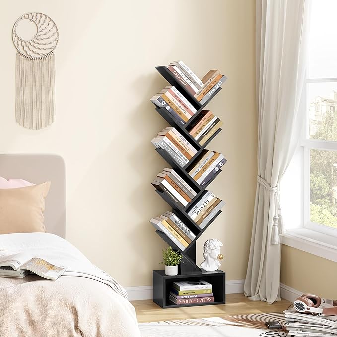 Hoctieon 9 Tier Tree Bookshelf, Tall Bookcase with Drawer, Wood Book Shelf, M...