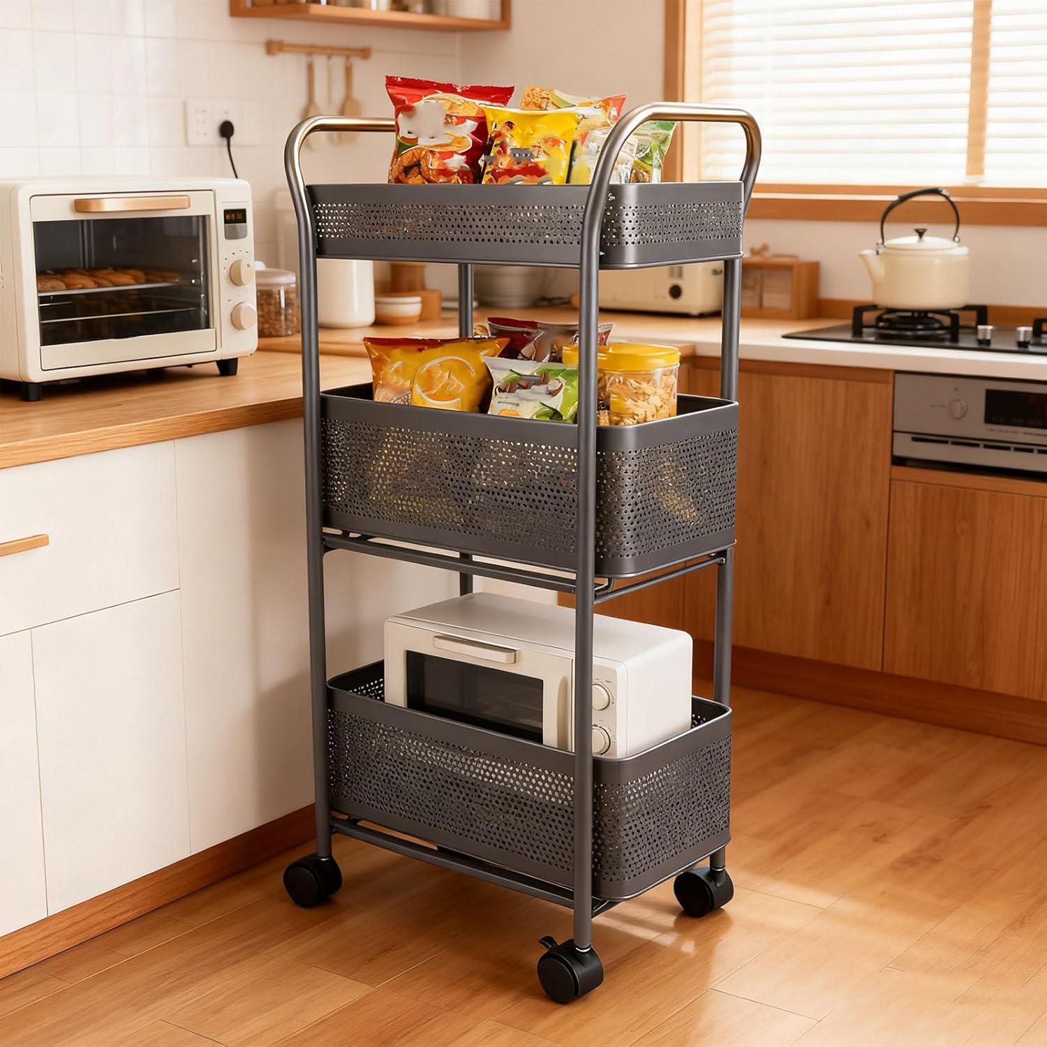 3 Tier Rolling Cart, Steel Multi Functional Movable Storage Organizer with Sliding Mesh Basket and 4 Quiet Wheels for Kitchen Bathroom Bedroom Living Room Laundry Room