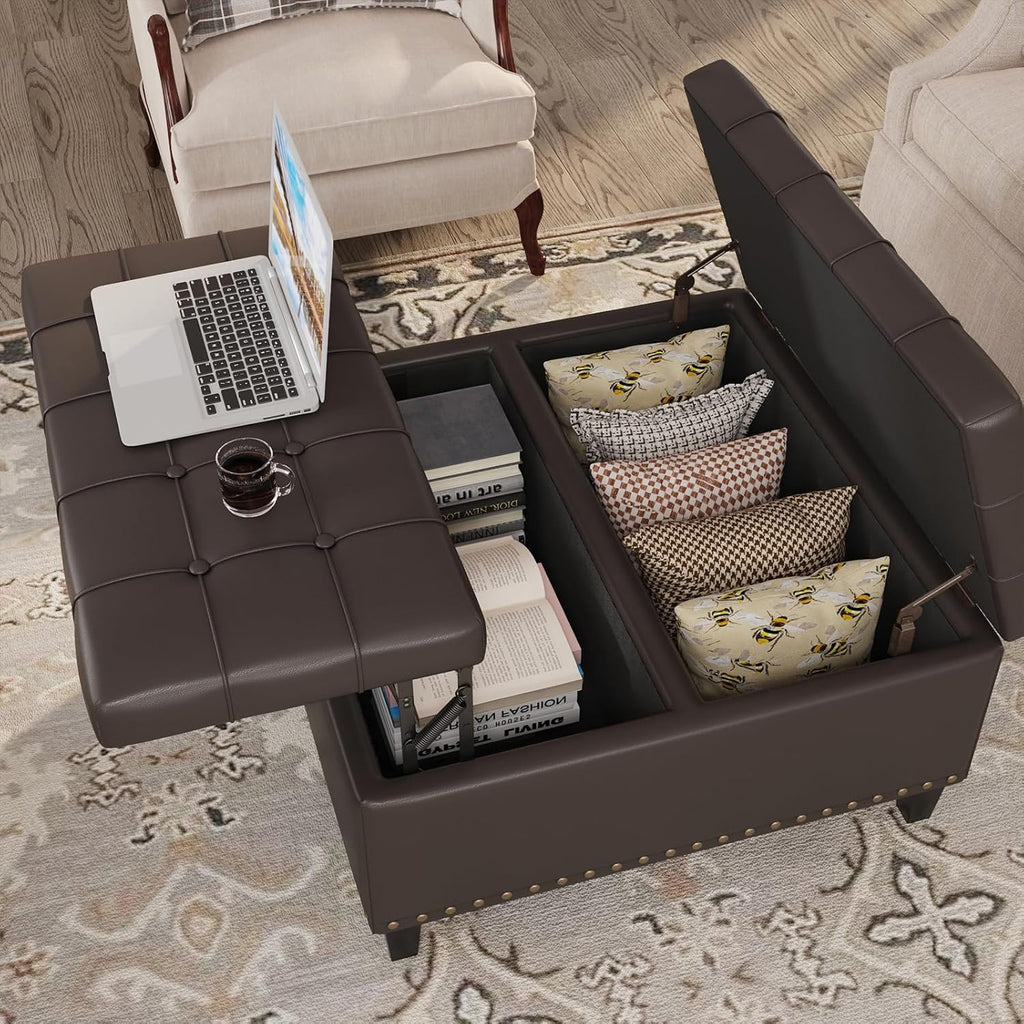 FiveWillowise 31.5 Inch Large Square Ottoman with Storage,Faux Leather | Coffee Table Storage Ottoman Bench with Lift Top Upholstered Footrest Stool Toy Box for Bedroom Living Room,Chocolate