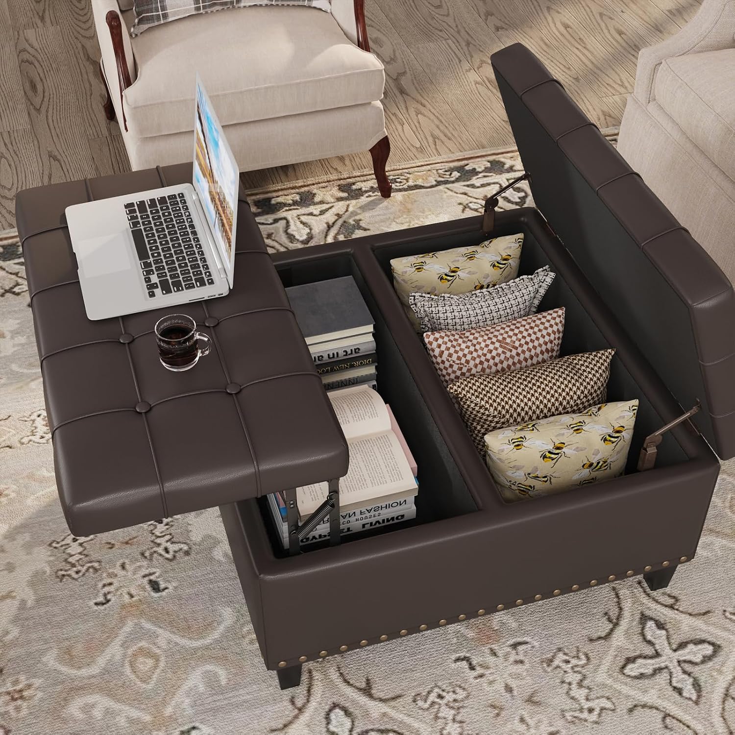 FiveWillowise 31.5 Inch Large Square Ottoman with Storage,Faux Leather | Coffee Table Storage Ottoman Bench with Lift Top Upholstered Footrest Stool Toy Box for Bedroom Living Room,Chocolate
