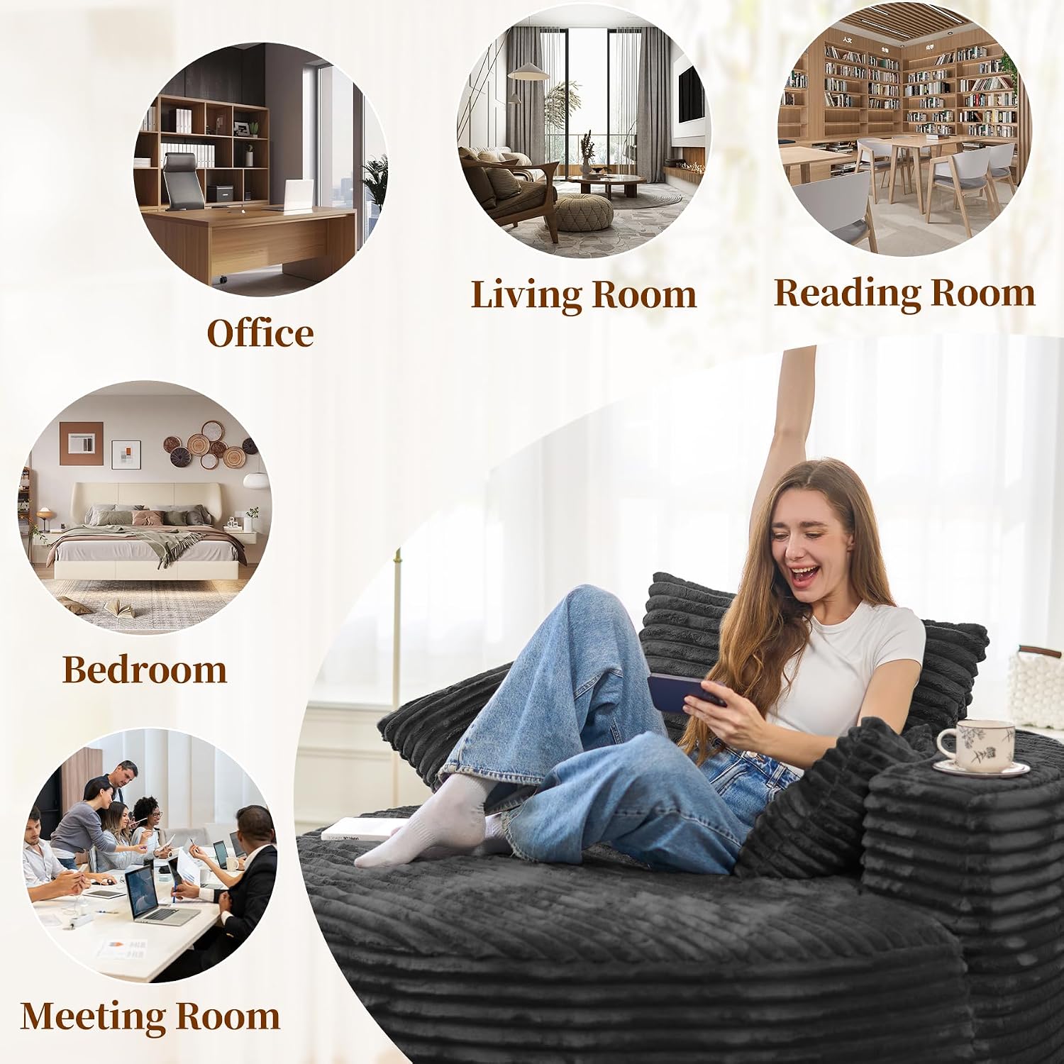Luxanimarion 55''W 3.5CM Corduroy Single Foam Sofa, Oversized Round Chair with Pillows, Modern Sleeper for Living Rooms, Lounges, Nurseries and Projection Rooms, Wide-Arm Lounge Chair Armchair, Black