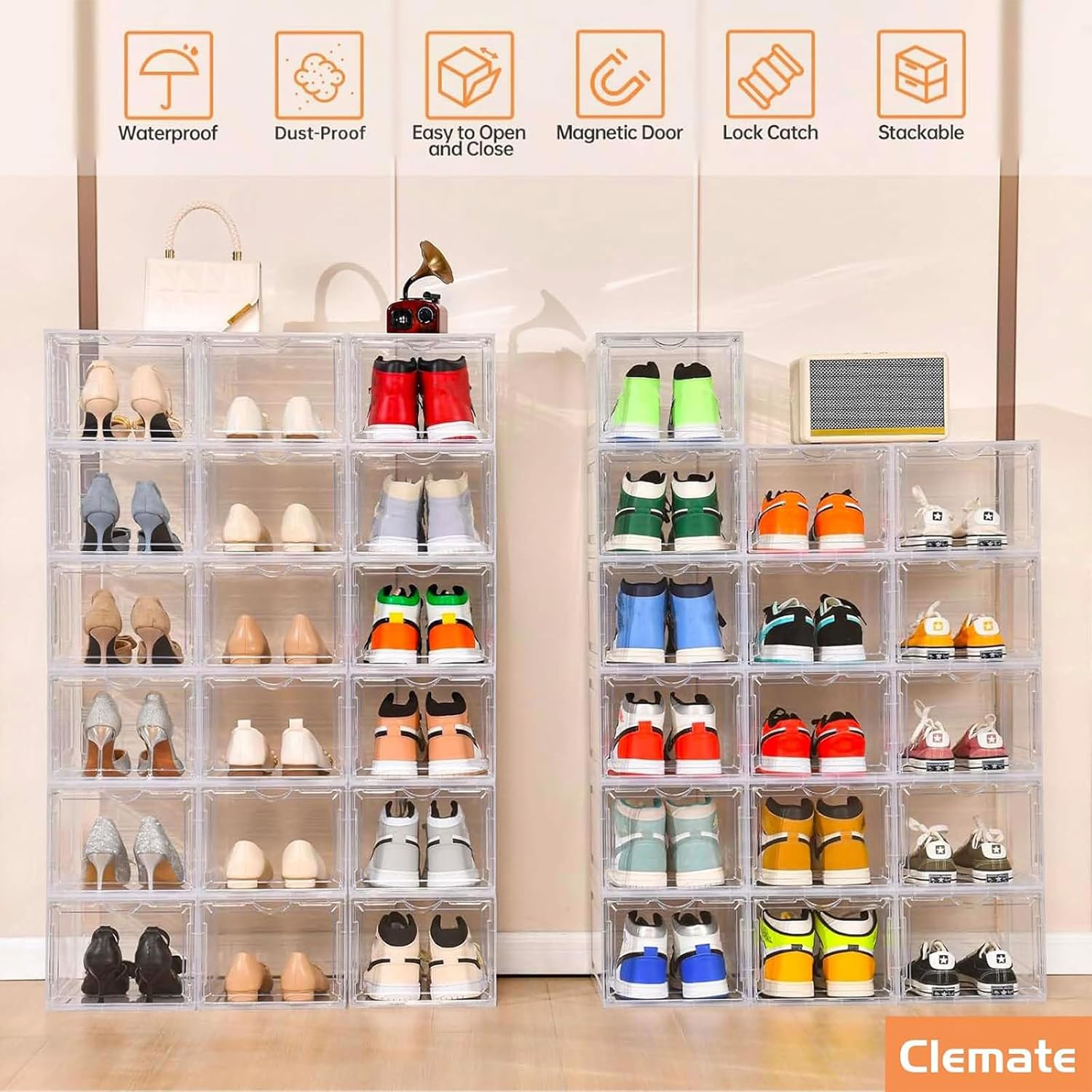 Clemate Upgraded X-Large Shoe Organizer,Shoe Storage Organizer,12 Pack,Shoe Box Clear Plastic Stackable,Drop Front Shoe Box with Clear Door, Shoe Containers For Sneaker Display,Fit up to US Size13