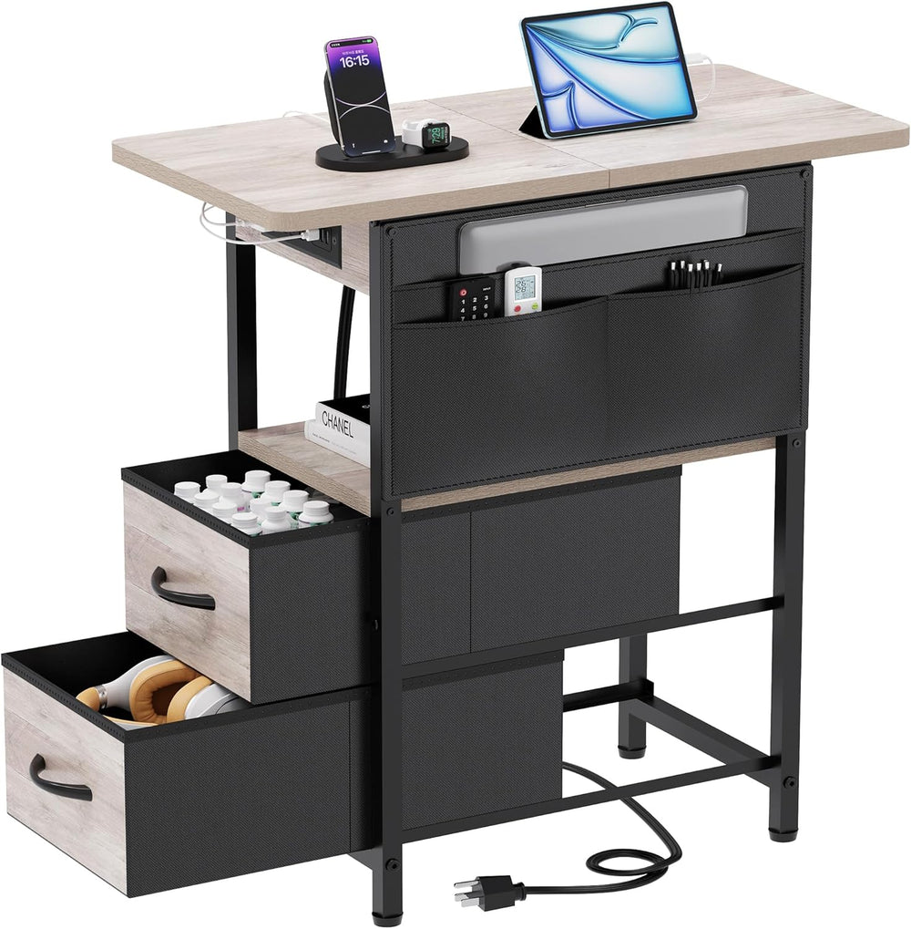 Yenlure Small Side Table with Charging Station, Narrow Nightstand Bedside Tab...