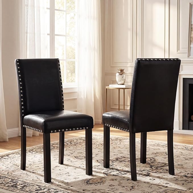 Giantex Black Dining Chairs Set of 2, Faux Leather Upholstered Parsons Kitche...