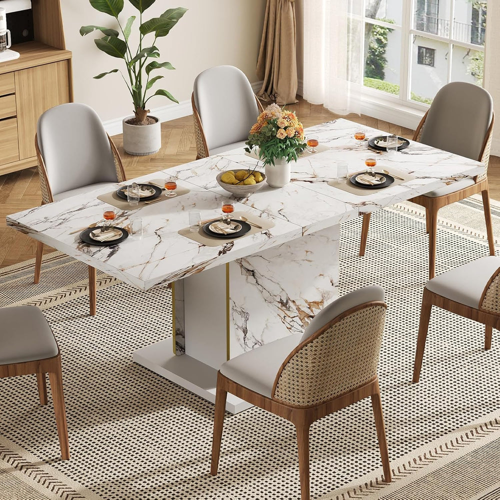 HOMISSUE 70" Faux Marble Dinner Table，Rectangle Modern White Dining Tabl...