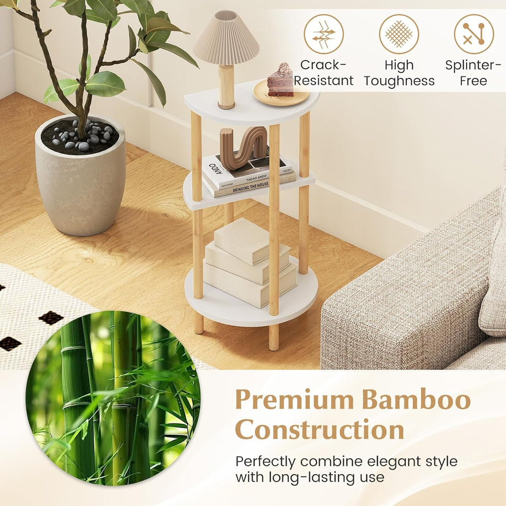 Giantex Bamboo Round Side Table Set of 2, 3-Tier Circular End Tables with Sto...