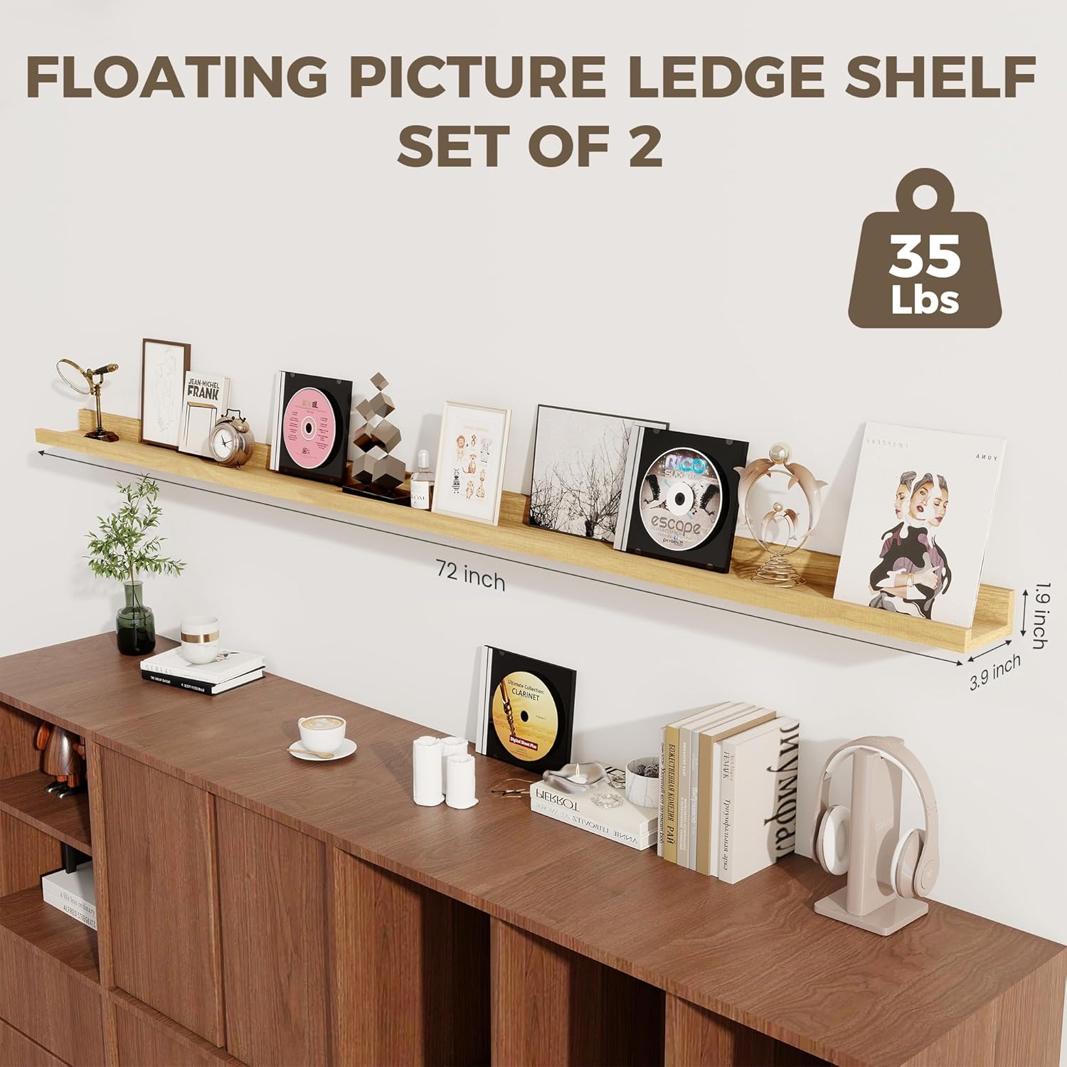 Axeman Oak Floating Shelves | 72 Inch Picture Ledge Shelf Set of 2 | Rustic Oak Picture Shelf for Wall with Ledge | Wall Shelves with Lip | Photo Ledge Shelves for Books Album Records
