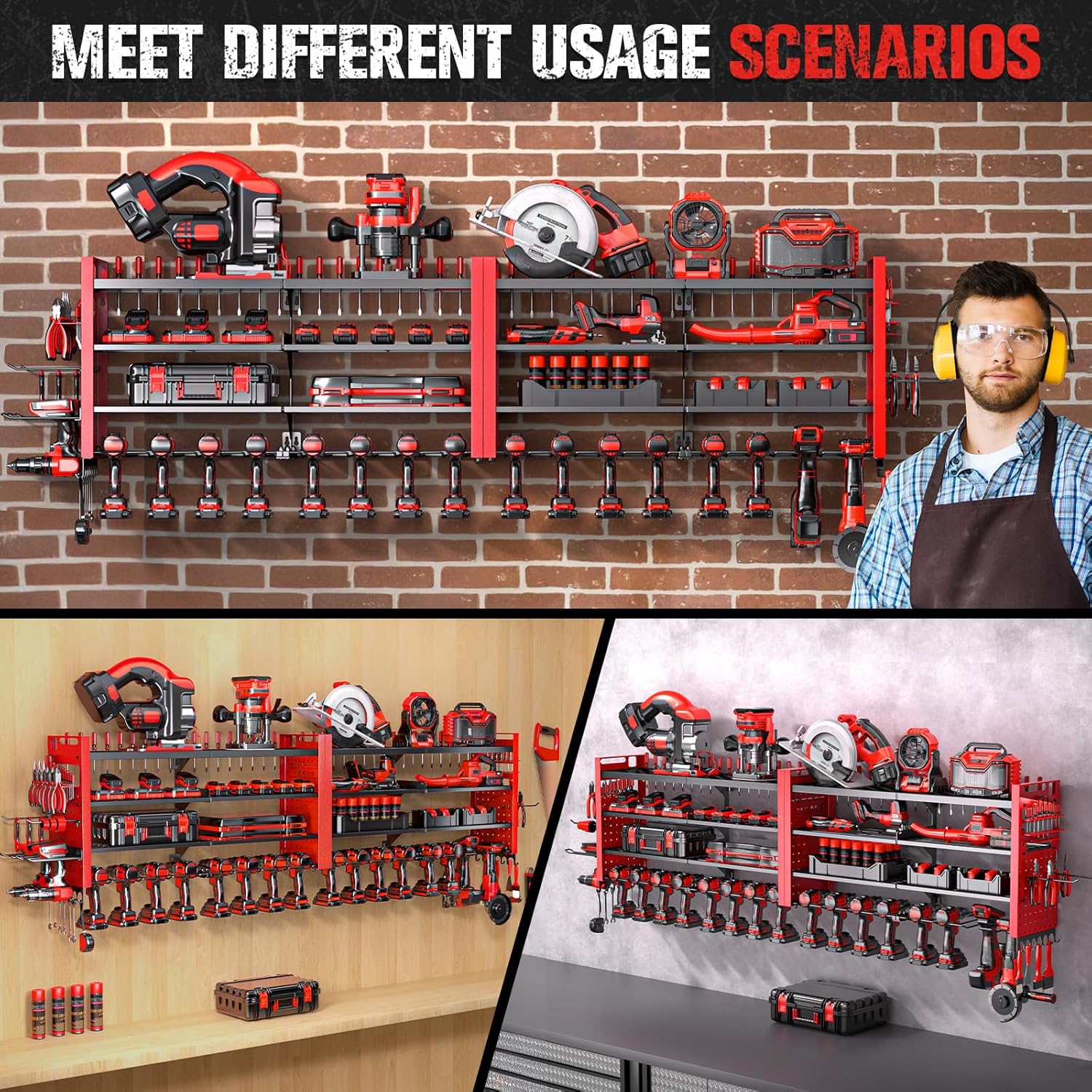 66" W Super Large Power Tool Organizer Wall Mount,Heavy Duty Cordless Tool Organizer with 18 Drill Holder,600 Lbs Capacity 4-Layer Garage Organization for Garage and Workshop (Red)