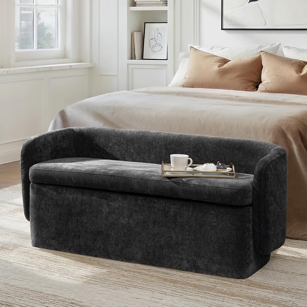 HULALA HOME 61" Bedroom Storage Bench with Low Backrest, Black | Upholst...