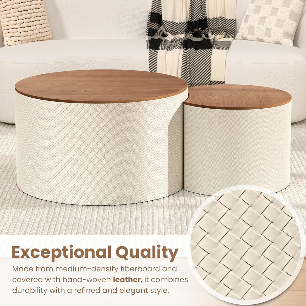 Nesting Coffee Table Set of 2, Modern Round Storage Coffee Table, (White) | W...