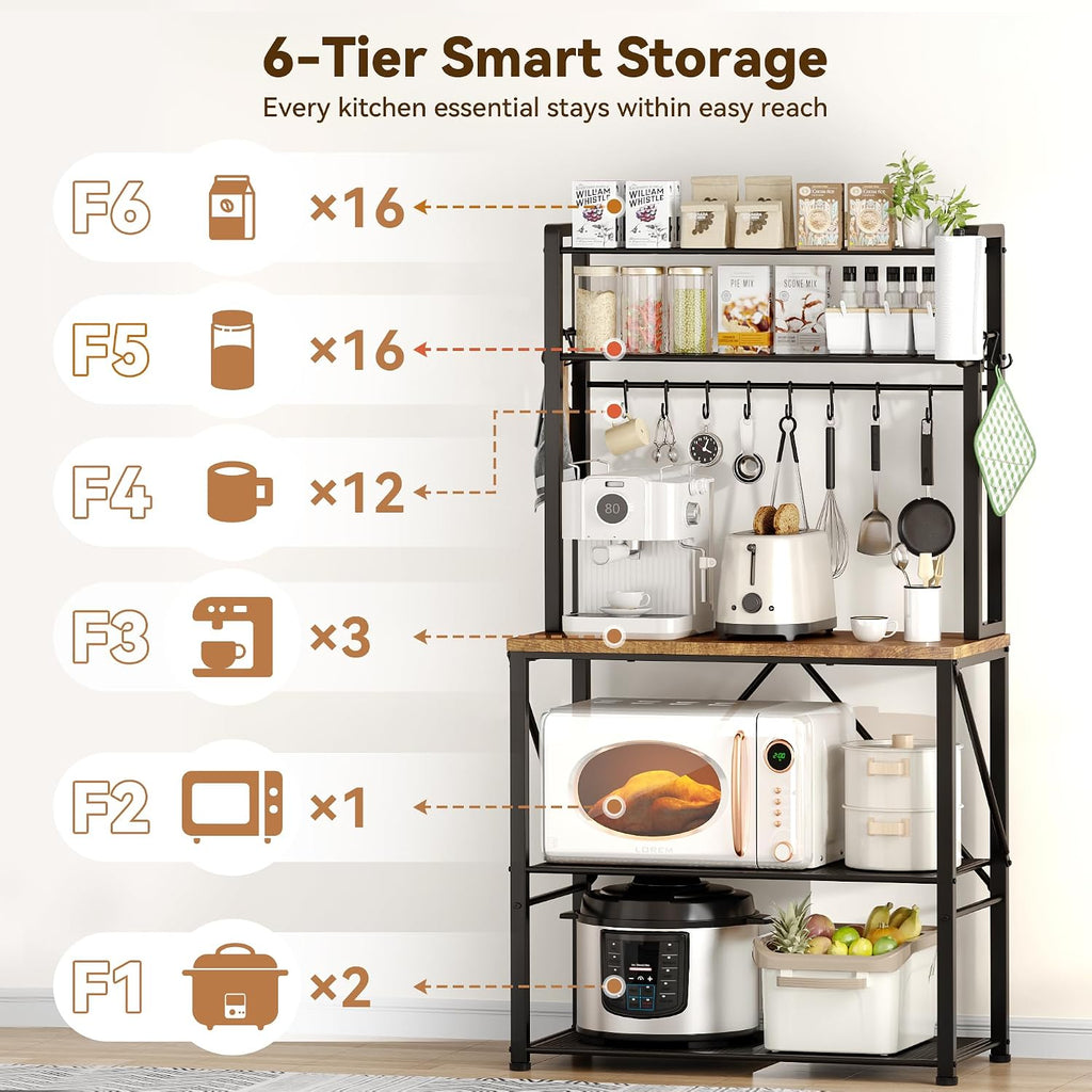 Coffee Bar, Bakers Rack with Storage, 25.6 Inches Microwave Stand, 5 Tier Kitchen Shelves Appliance Storage, 12 S Hooks Large Coffee Station for Spices, Pots and Pans, Rustic Brown